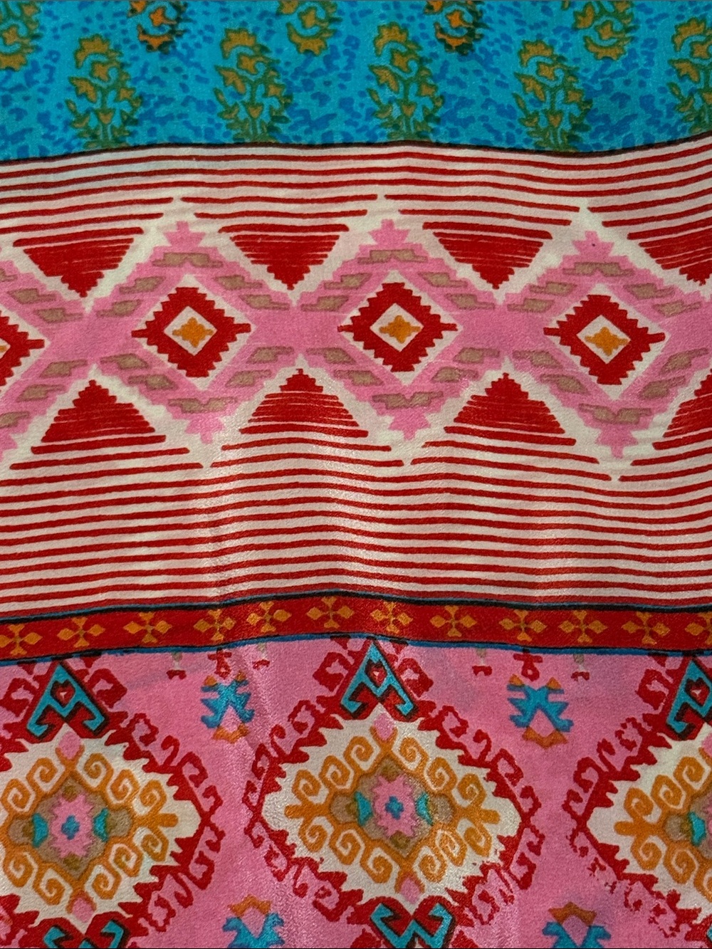 Tolani 100% Silk Boho Luxe Tunic Dress Turquoise Pink Geometric Ruffle Hem Small - Picture 4 of 15